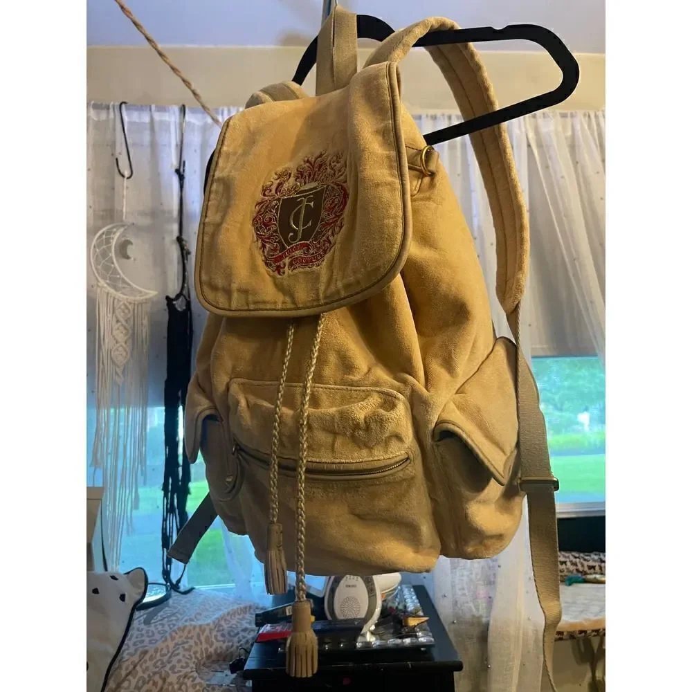 Cream/beige velvet/velour campus,school multi pocket cargo Backpack